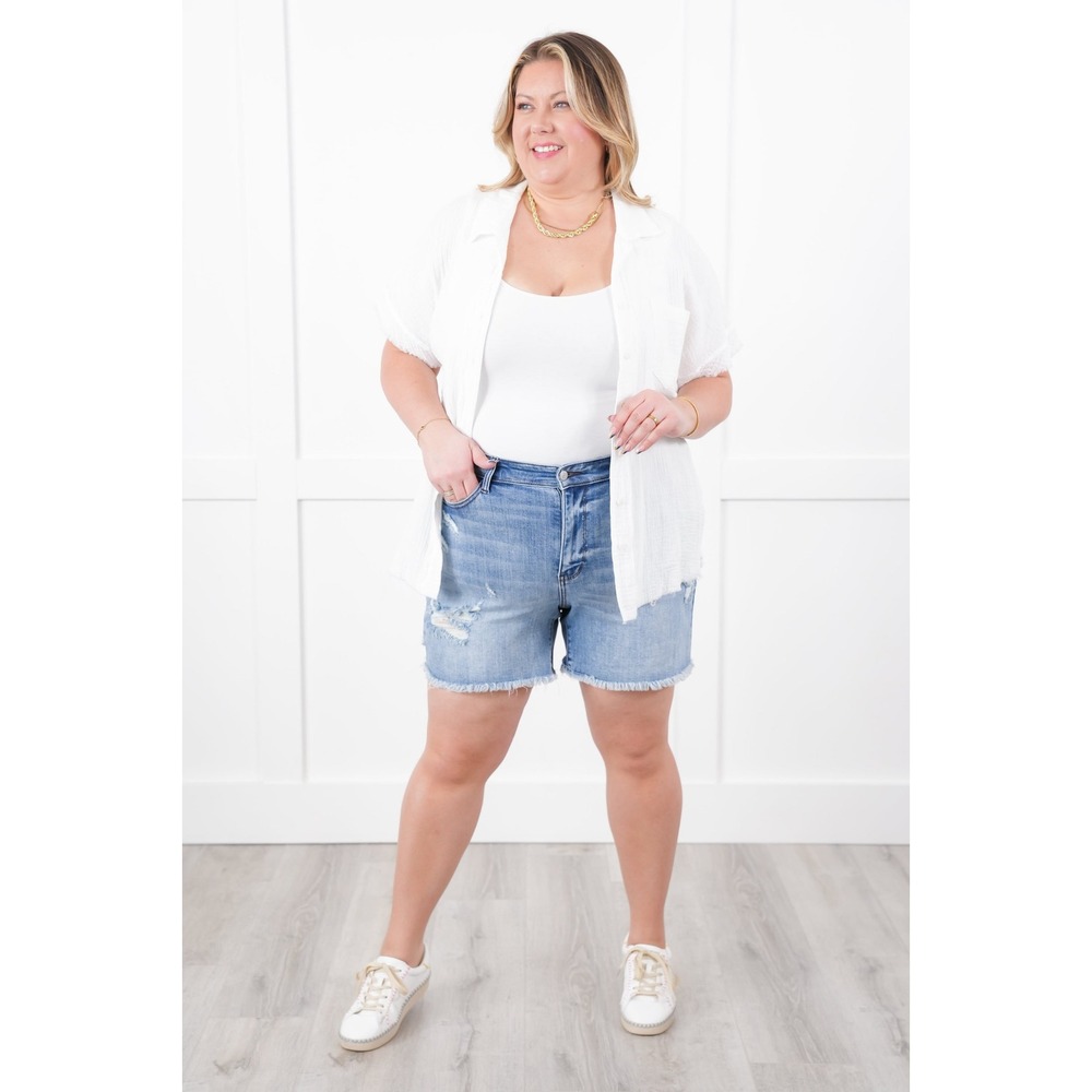 Judy Blue 5" Denim Jean Shorts 2XL Faded Stretch Chewed Hem Distressed High-Rise